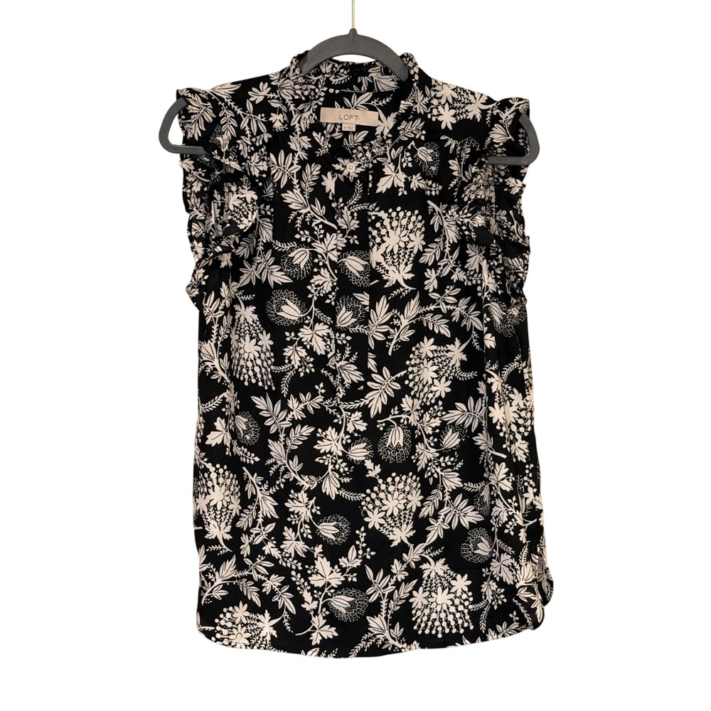 LOFT Womens Sleeveless Blouse Black White Medium Floral Work Office Casual - Picture 2 of 6
